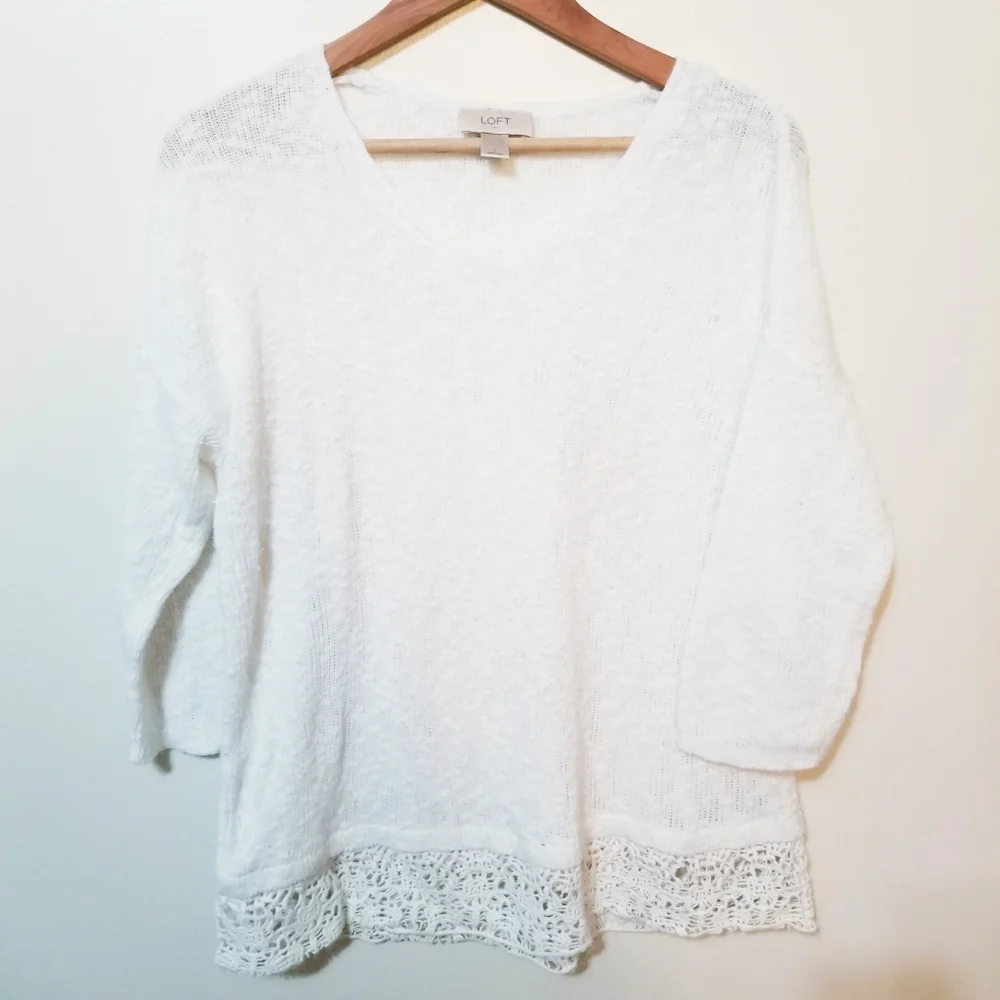 LOFT White Crew Neck Sweater Soft Knit Essential - Picture 1 of 6